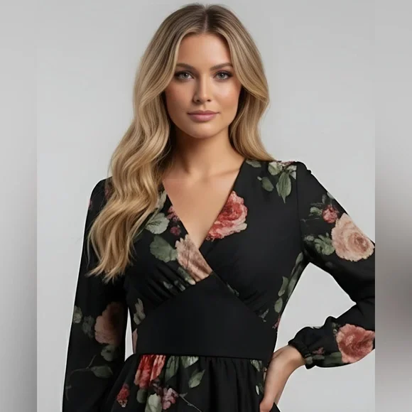 French Floral Rose Print Dress - Picture 2 of 12